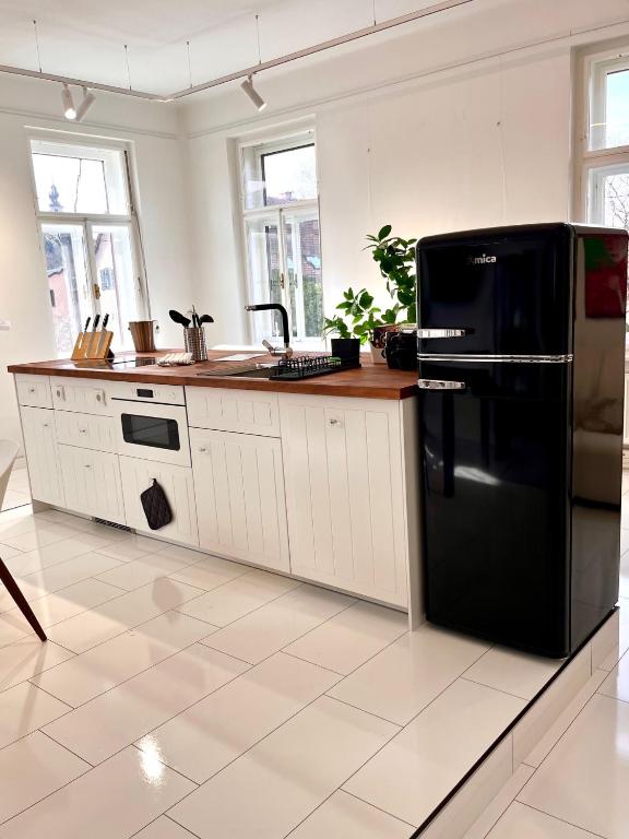 a kitchen with a black refrigerator and white cabinets at LUXUS sApartments in der Kunstvilla &amp; kostenloses parken in Premstätten