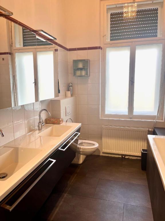 a bathroom with a sink and a toilet and windows at LUXUS sApartments in der Kunstvilla &amp; kostenloses parken in Premstätten