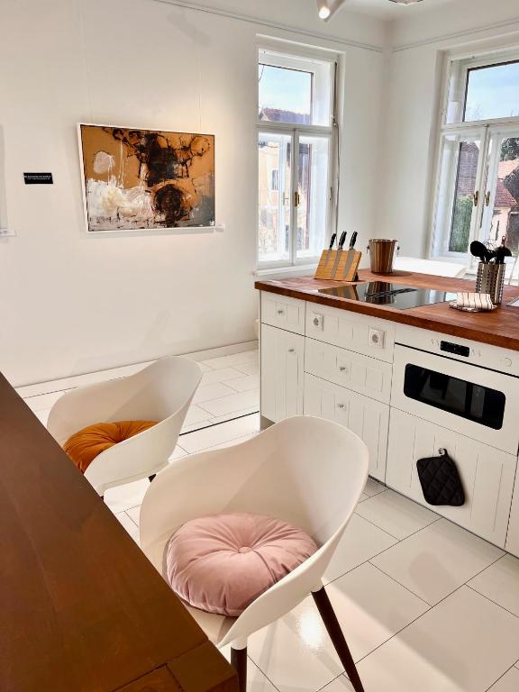 a kitchen with white cabinets and a table and chairs at LUXUS sApartments in der Kunstvilla &amp; kostenloses parken in Premstätten