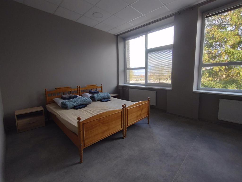 een slaapkamer met een bed in een kamer met 2 ramen bij Hostel Trys Plunksnos in Marijampolė