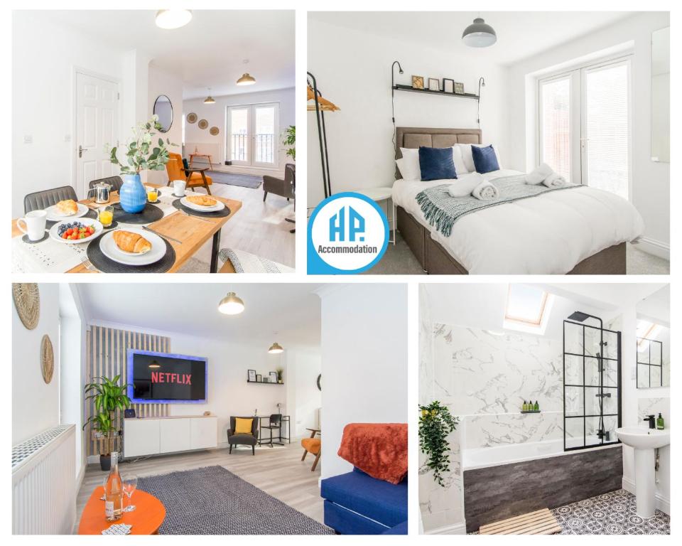 a collage of photos of a bedroom and a living room at Charming 3- Bedroom Terrace House with Netflix and Free Parking by HP Accommodation in Market Harborough