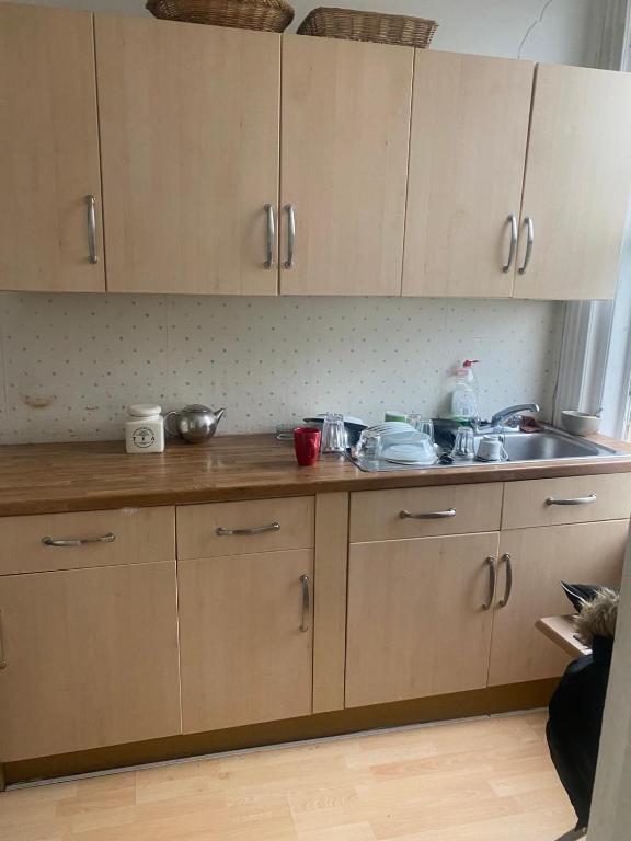 a kitchen with wooden cabinets and a sink at first floor flat one bedroom in Hastings