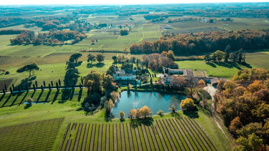une vue aérienne sur un domaine avec un étang dans un champ dans l'établissement Location gîtes château Couronneau, à Ligueux