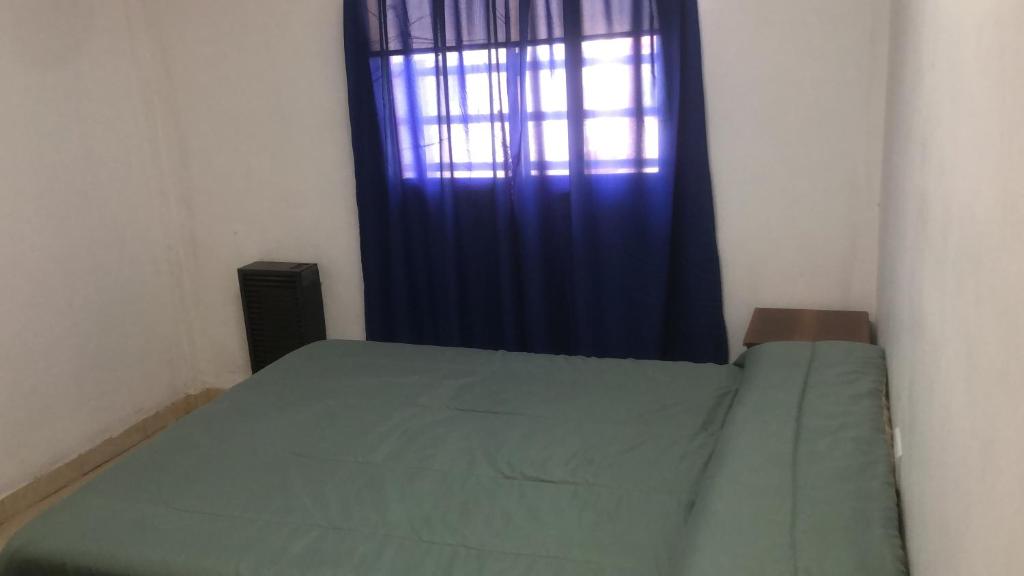 a bedroom with a bed with a blue curtain at Zapala departamentos por día in Zapala