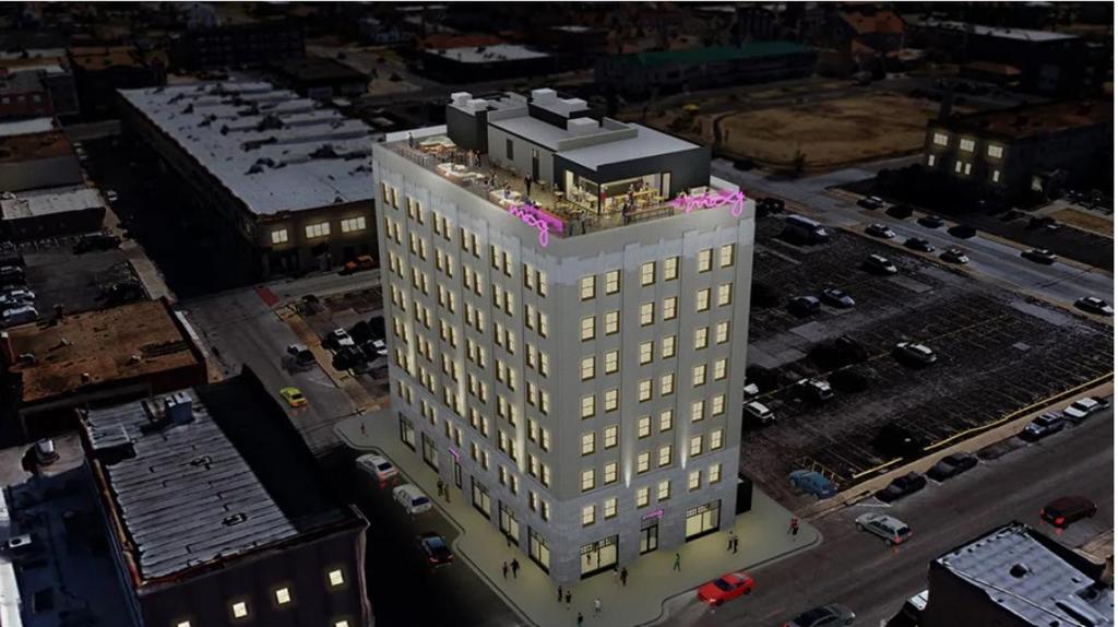 an overhead view of a tall building in a city at Moxy Springfield Downtown in Springfield