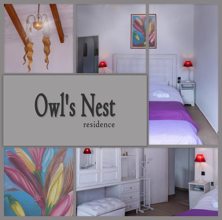 un collage de tres fotos de un dormitorio con cama en Owl's Nest, en Volos