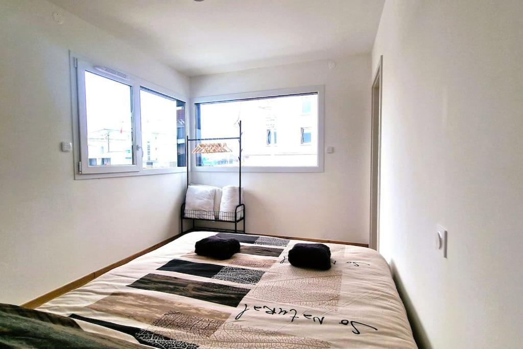 um quarto com uma cama com duas almofadas em Le frontalier appart em Saint-Louis