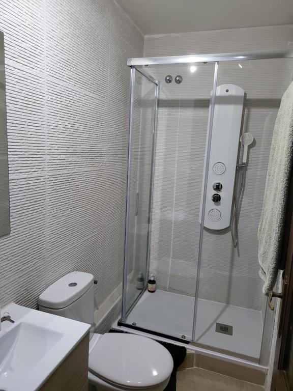 W łazience znajduje się prysznic, toaleta i umywalka. w obiekcie Beach Apartments Old Town II w mieście Estepona