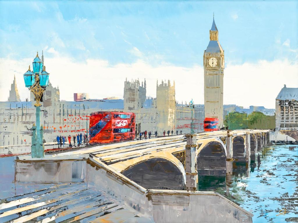 a painting of a bridge and big ben clock tower at Wembley Serviced Apartment, 20mins from Central London in London