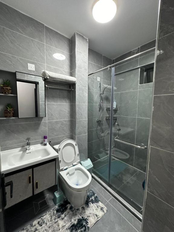 La salle de bains est pourvue d'une douche, de toilettes et d'un lavabo. dans l'établissement Dael luxury apartments, à Nairobi
