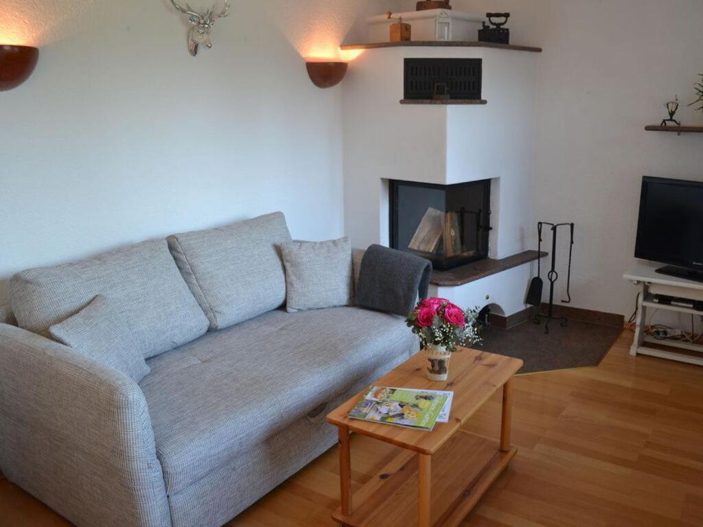 sala de estar con sofá y chimenea en Lively apartment in Bad Wiessee, en Bad Wiessee