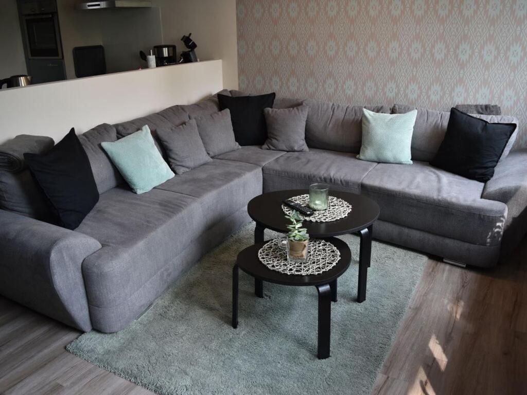 a living room with a gray couch and two tables at Nice apartment in Neuenkirchen in Neuenkirchen