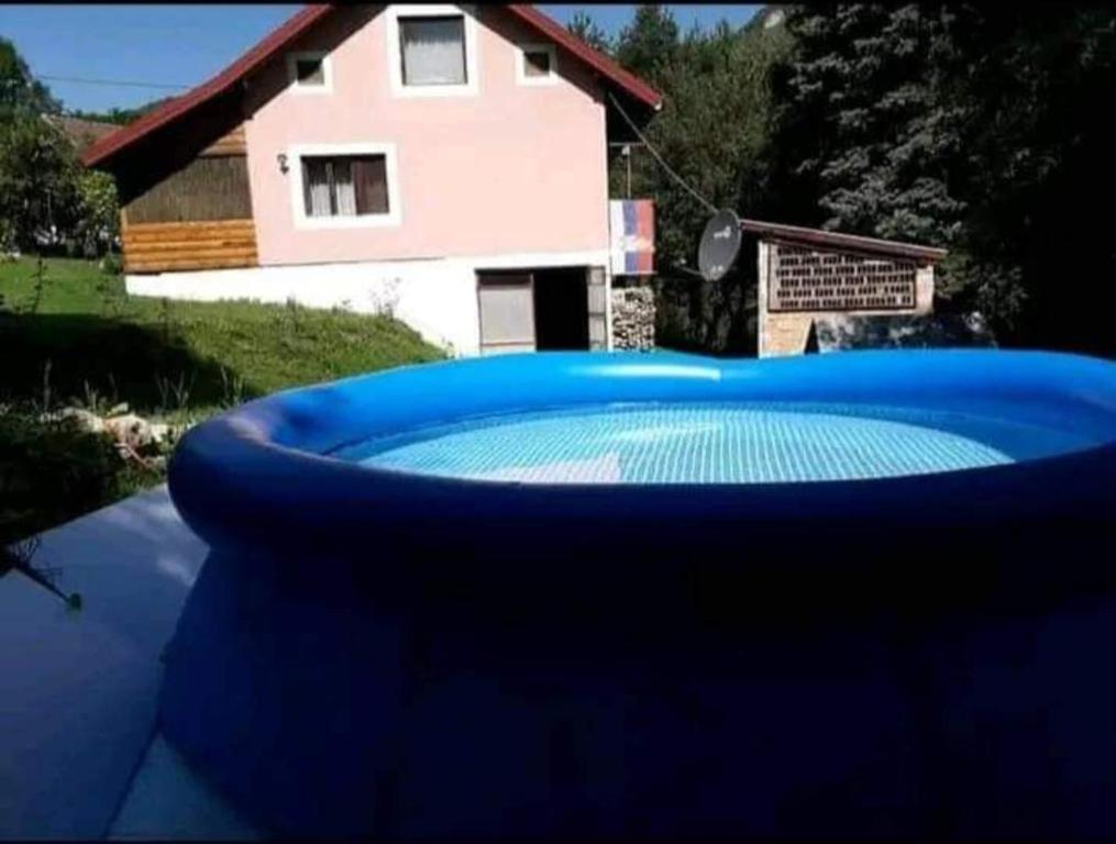 a large blue trampoline in front of a house at Apartment Letić in Šipovo