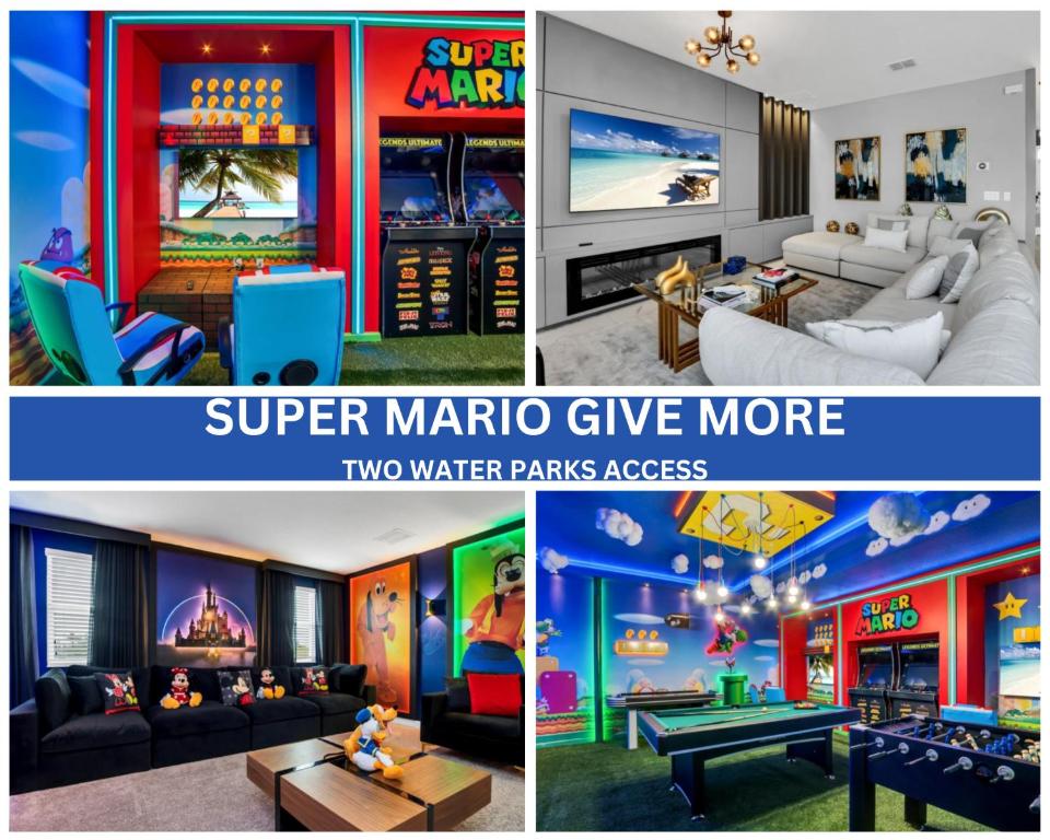un collage de cuatro fotos de una sala de estar en Awesome Super Mario at Champion Gates, en Davenport
