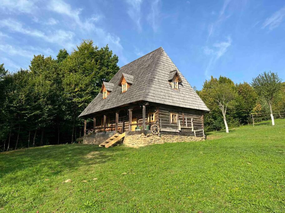una gran cabaña de madera en una colina con césped en Casa Valea Vinului-traditional house in Maramureș, en Vişeu de Sus