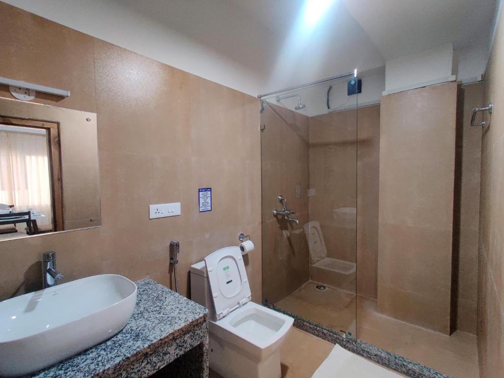 a bathroom with a shower and a toilet and a sink at Happy apartment in Thimphu