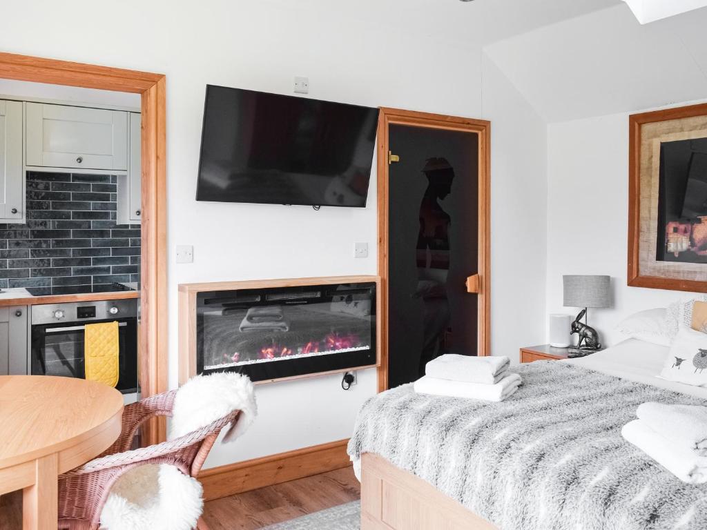 a bedroom with a fireplace and a tv on the wall at Norville Lodge in Heathfield