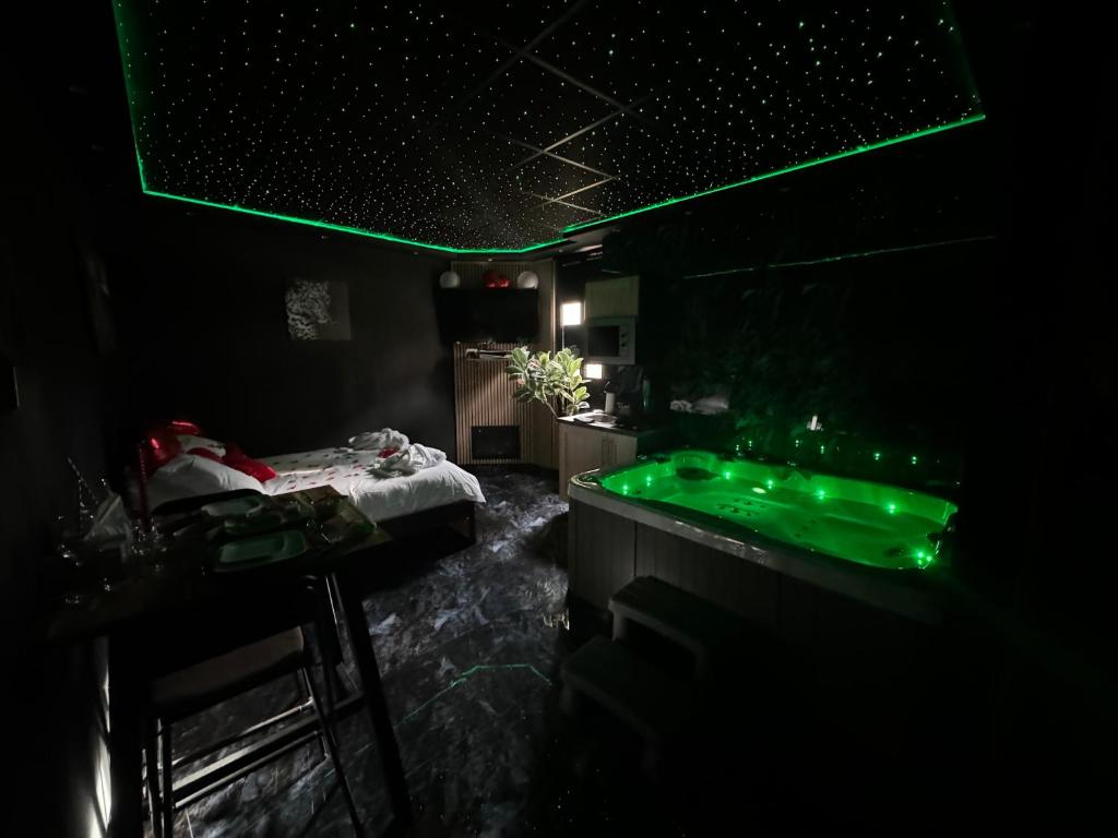 La salle de bains est pourvue d'une baignoire verte dans une chambre sombre. dans l'établissement Zayn spa, à Choisy-le-Roi