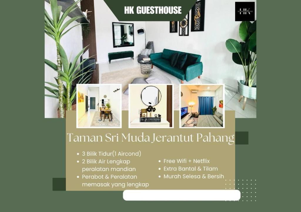 eine Collage mit Fotos eines Wohnzimmers in der Unterkunft 3 Bedroom - HK Guesthouse Jerantut Pahang in Jerantut
