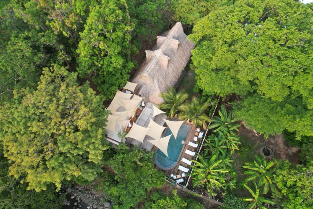 an aerial view of a house in the forest at Hotel Michanti in El Zonte