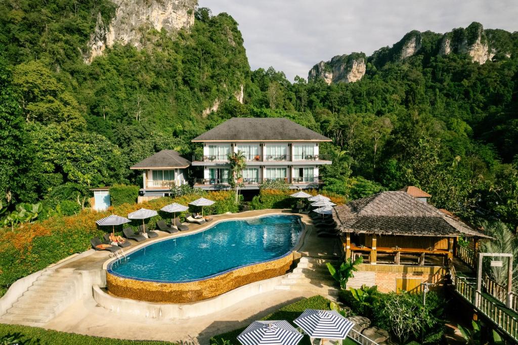 an aerial view of a resort with a swimming pool at Railay Phutawan Resort in Railay Beach
