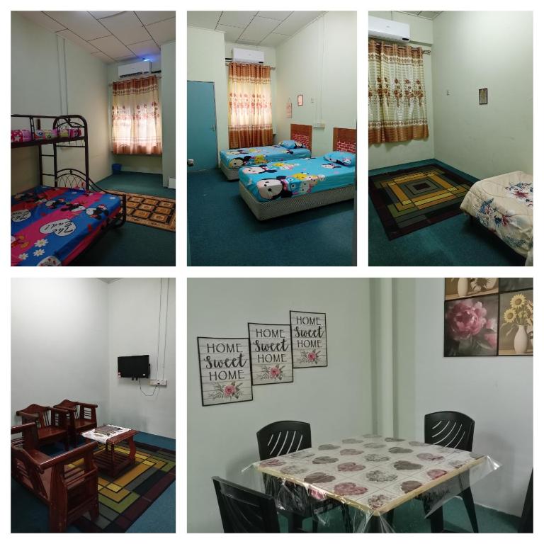 4 fotos diferentes de una habitación con una mesa y una cama en Nawlaa Homestay en Melaka