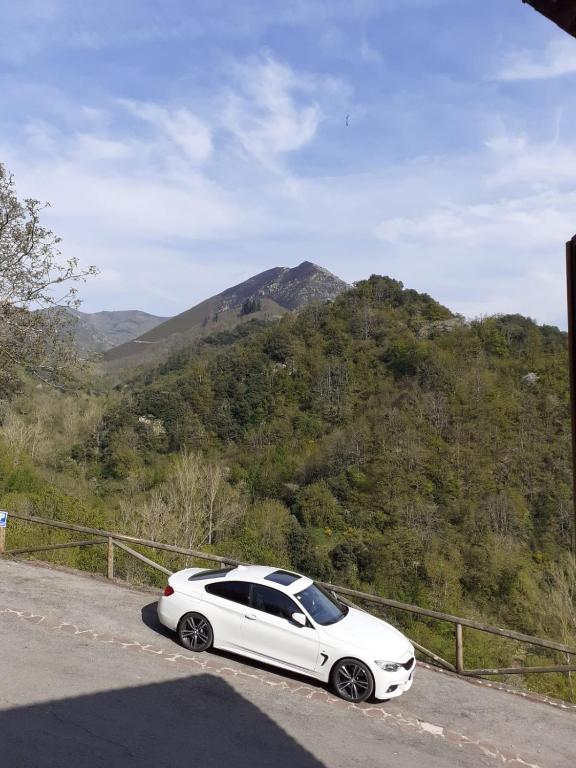 a white car parked on the side of a road at CASA OSO 1 in Pola de Somiedo