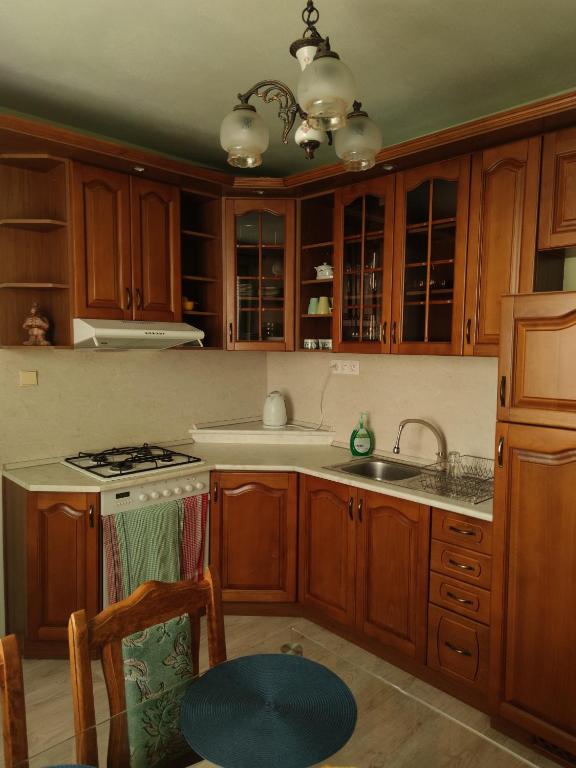 una cocina con armarios de madera y fregadero en Apartment in the Levice, en Levice