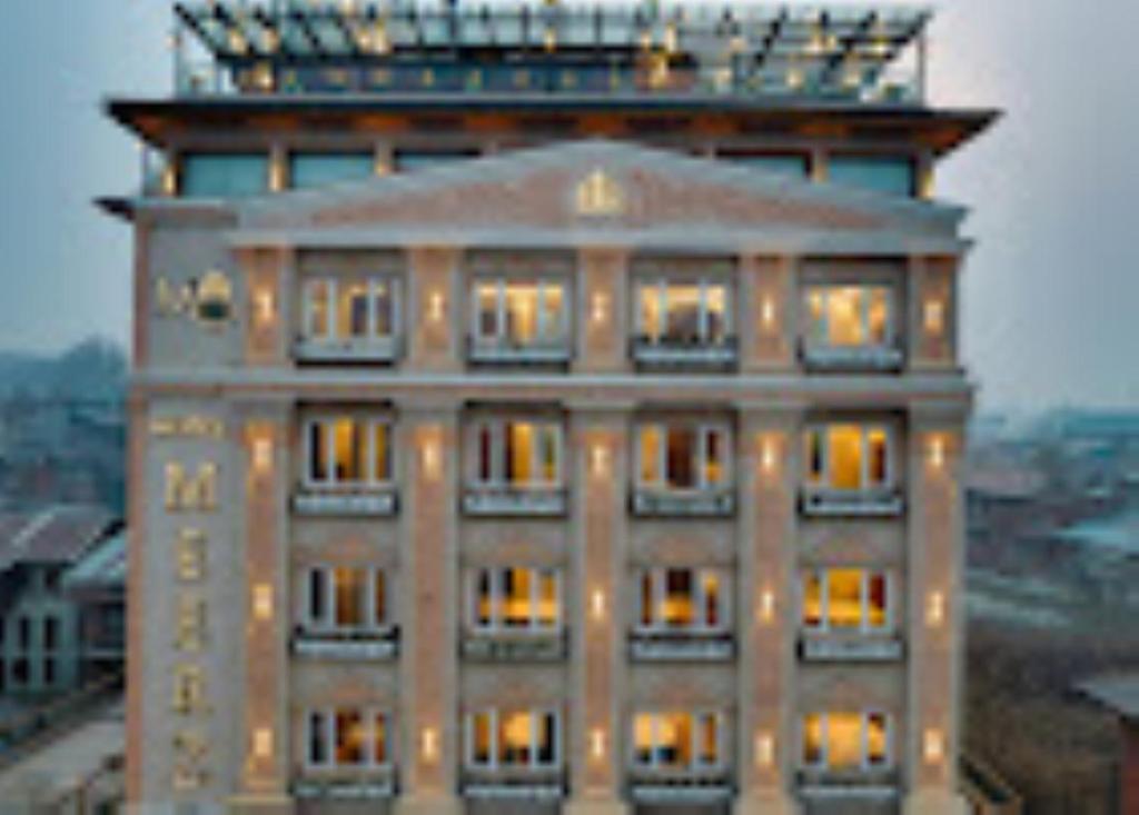 斯利那加的住宿－Hotel Meerz , Srinagar，一座高大的建筑,上面有灯