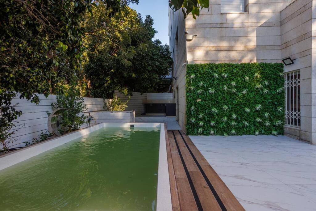basen zielonej wody na dziedzińcu domu w obiekcie Rothschild Modern Apartment with a Pool w Tel Awiwie