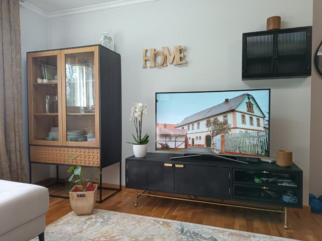 uma sala de estar com uma televisão de ecrã plano num suporte em Casa Javson na Corunha