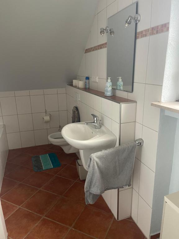 een badkamer met een wastafel en een toilet bij Chambre avec 3 lits in Trier