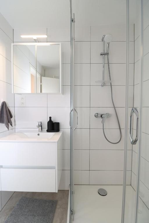 a bathroom with a shower and a sink at Louisappart - Eupen Zentrum in Eupen