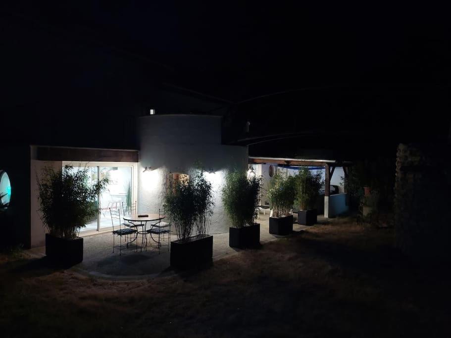 a dark room with a table and potted plants at night at «Gîte H2O SPA» à Précy-sur-Oise. in Précy-sur-Oise