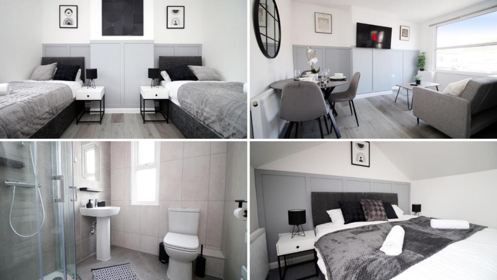 two pictures of a bedroom with a bed and a bathroom at Entire 2 Bed Modern Flat with Parking For Families, Business and Contractors in Bristol