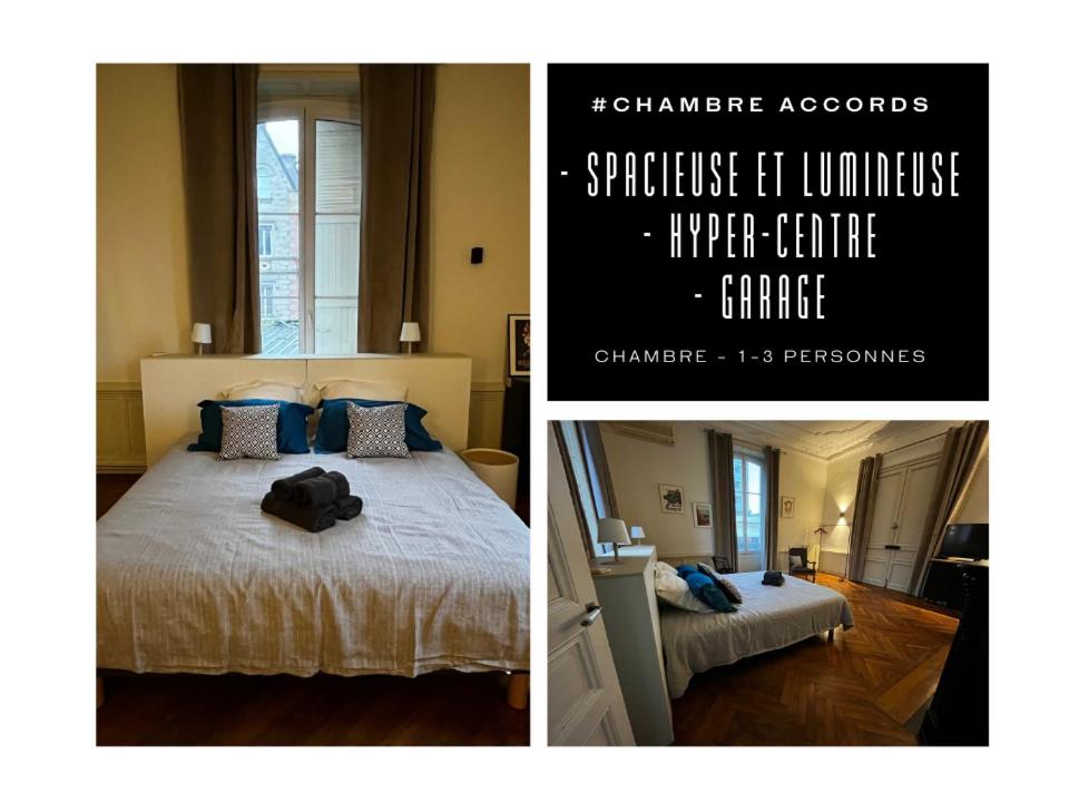 two pictures of a bedroom with a large bed at #Accords - Très Grande Suite type Chambre d’hôtel in Brive-la-Gaillarde