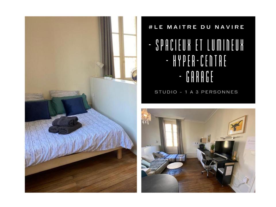 Duas fotografias de um quarto com uma cama e uma secretária. em #Le Maitre du Navire - Grand Studio - Hyper centre em Brive-la-Gaillarde