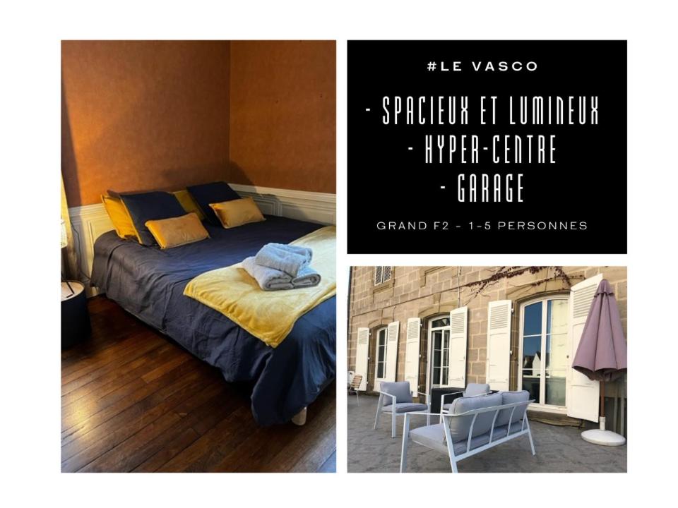 2 fotos de un dormitorio con cama en #Le Vasco - Grand F2 avec Terrasse - Hyper Centre, en Brive-la-Gaillarde