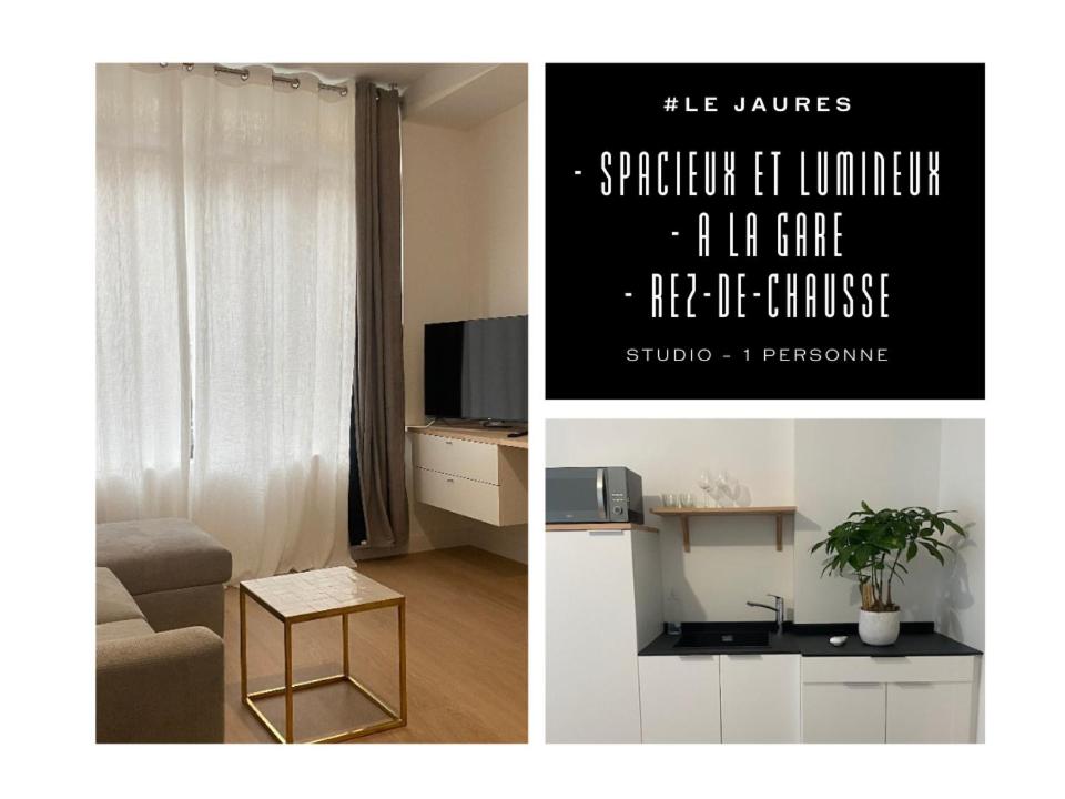 twee foto's van een woonkamer met een bank en een tv bij #Le Jaurès - Studio à la Gare - Neuf et Lumineux in Brive-la-Gaillarde