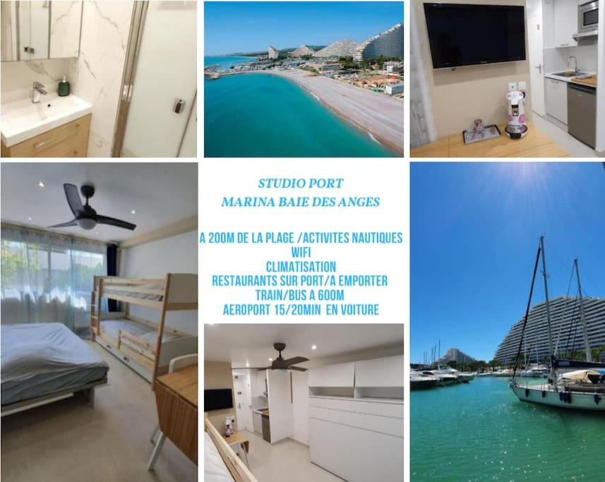 un collage de photos avec une photo d'une chambre dans l'établissement Studio Marina baie des Anges, 3 lits,clim, plages, à Villeneuve-Loubet