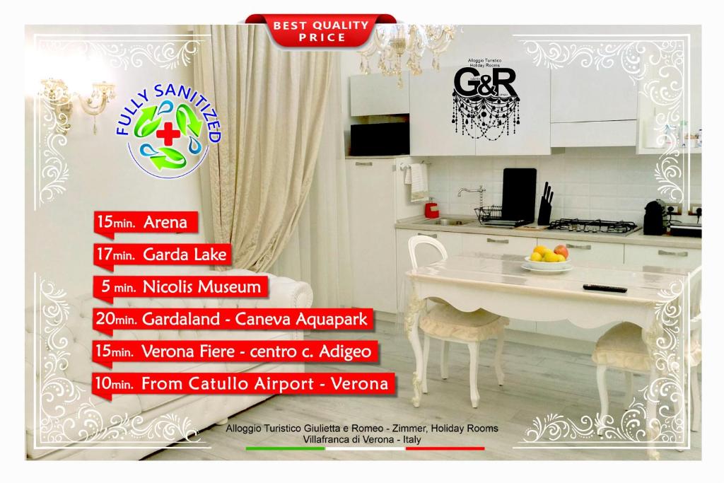 a flyer of a white kitchen with a table at Alloggio Turistico GIULIETTA e Romeo Intero Appartamento Centro Villafranca di Verona, Zimmer, Holiday Rooms in Villafranca di Verona