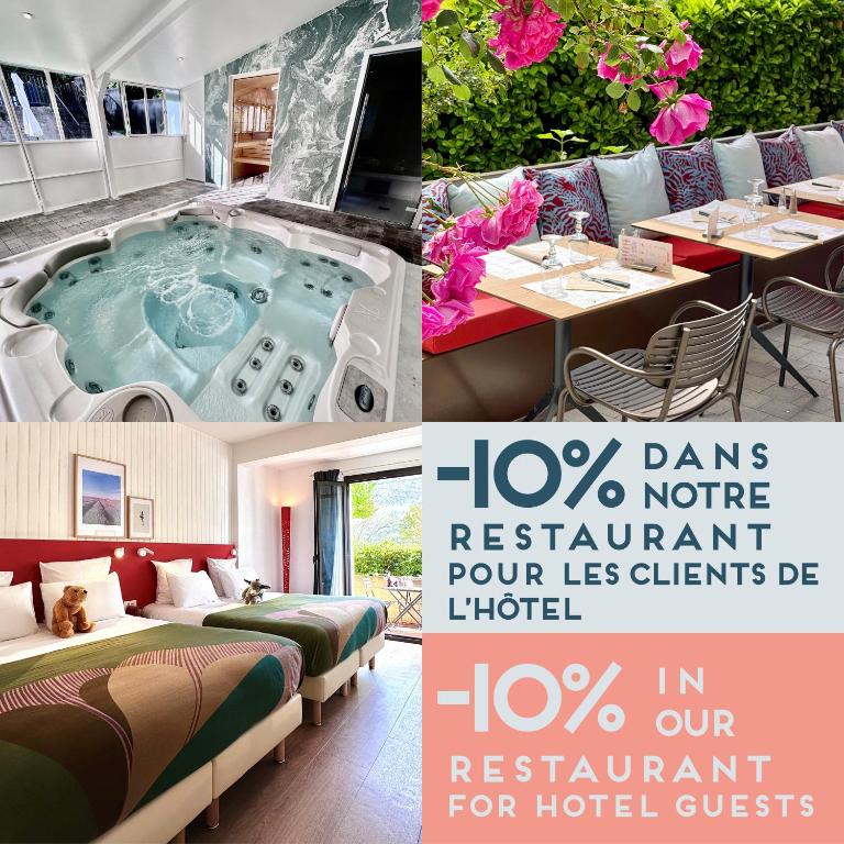 un collage de photos d'un hôtel avec jacuzzi dans l'établissement Hotel Le Provence - Restaurant Le Styx, à La Palud-sur-Verdon