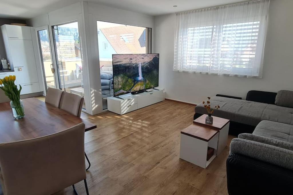 a living room with a couch and a flat screen tv at Alpenpanorama Oase in Feldkirch