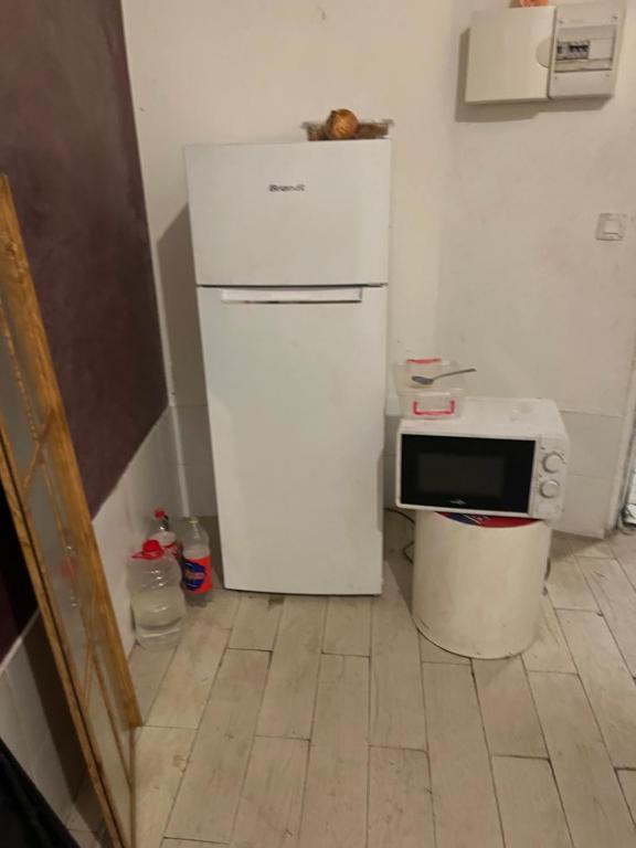 a white refrigerator in a kitchen with a microwave at France in Paris