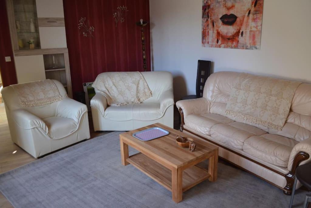 Sala de estar con 2 sofás y mesa de centro en maison bourguignonne Le Val Thibault en Buncey