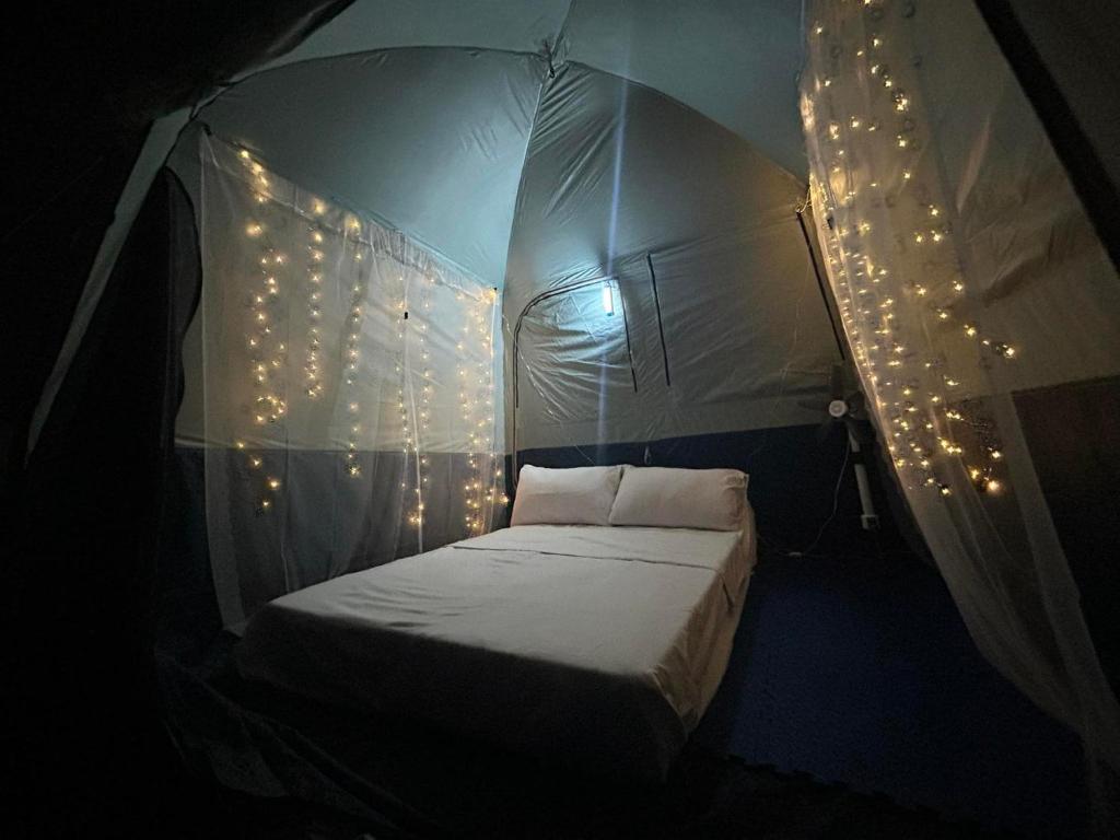 Stargazing tent in Balcony at EKG House Rental في مانيلا: سرير في خيمة مع أضواء عيد الميلاد