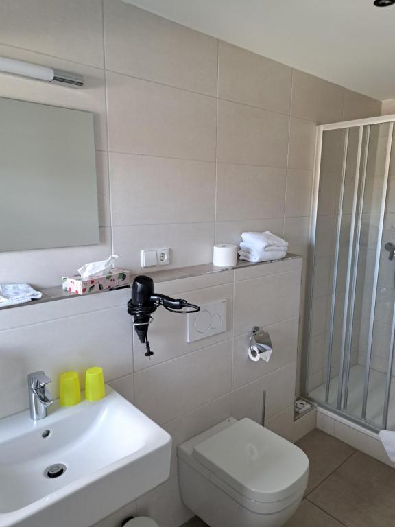 a bathroom with a toilet and a sink and a shower at Pension am Park in Rust