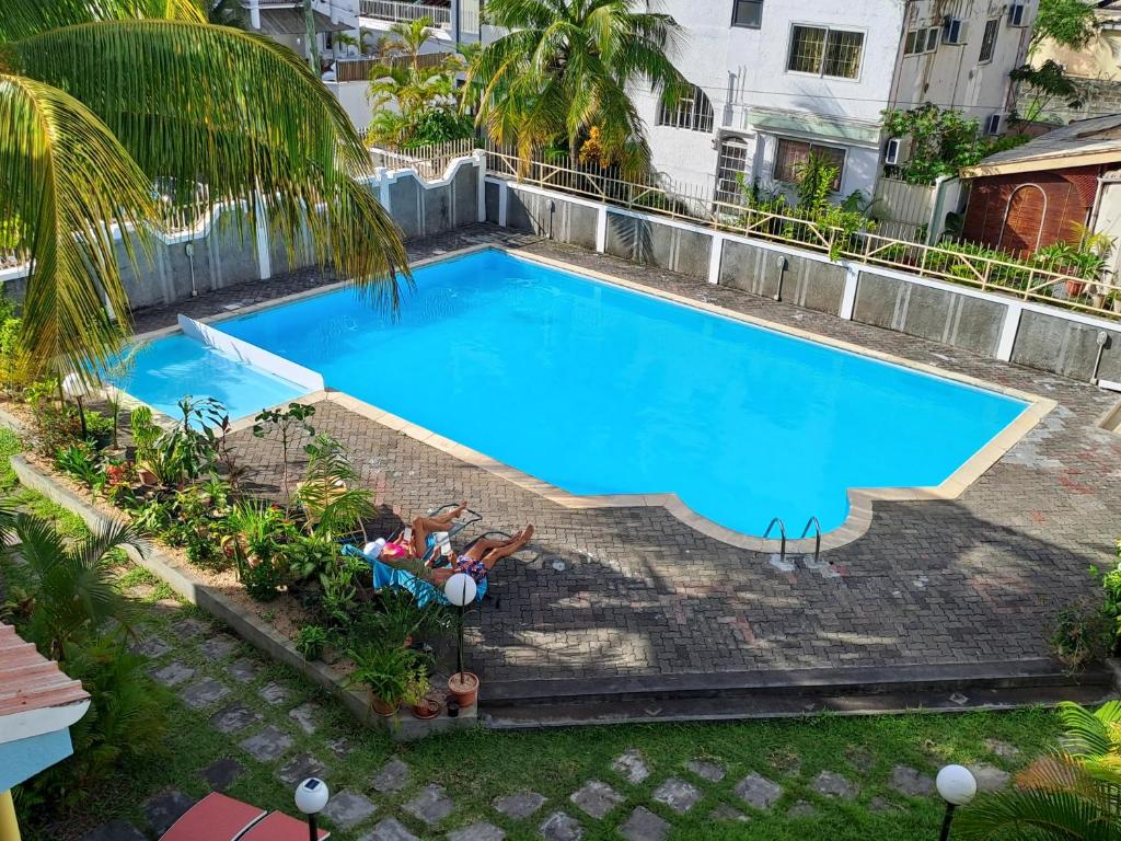 an overhead view of a large blue swimming pool at Plein Soleil in Grand Baie