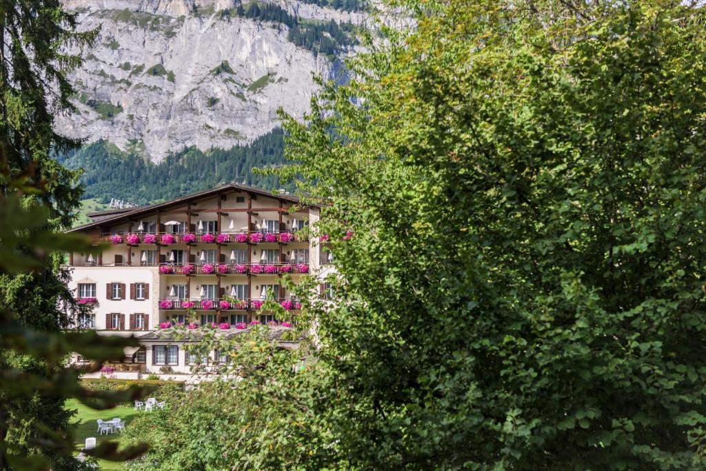 a hotel surrounded by trees with a mountain in the background at Hotel Adula in Flims