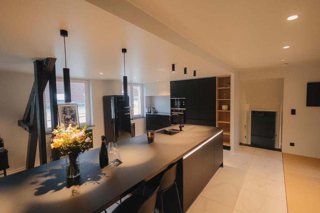 uma grande cozinha com uma bancada num quarto em Luxury 200sqm appartment / hot tub / sauna em Bruxelas